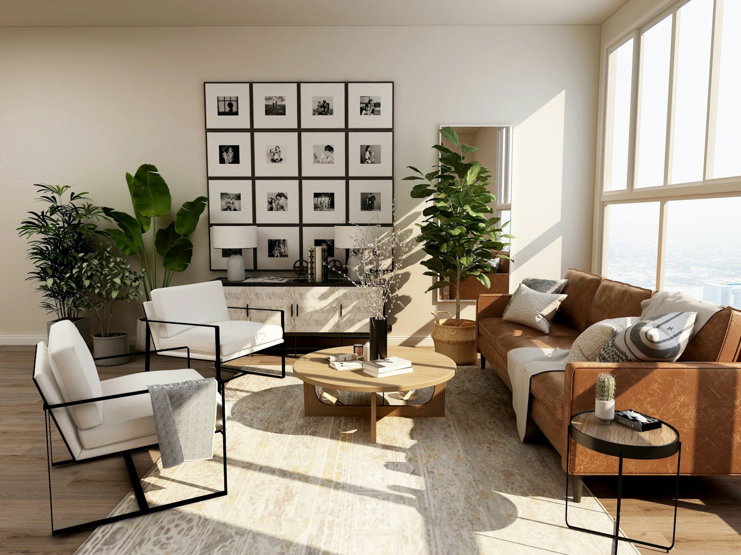Sala luminosa con muebles de madera y tonos naturales